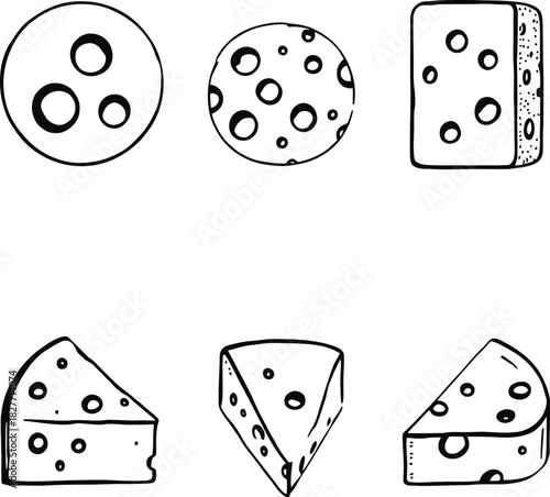 Cheese icon set in black line style featuring wedge block and slice shapes with Swiss-style holes