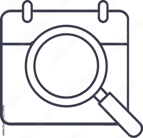 Calendar and magnifying glass icon in black line style symbolizing date search planning and scheduling
