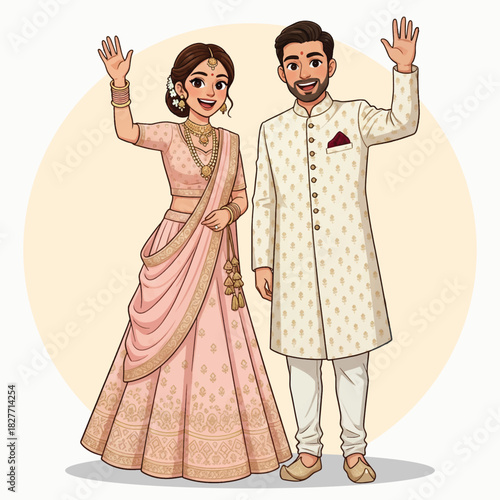 Smiling Indian Bride and Groom Waving – Traditional Wedding Couple Illustration