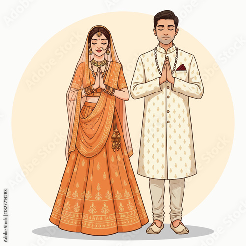 Traditional Indian Bride and Groom Greeting in Namaste Pose – Wedding Couple Illustration