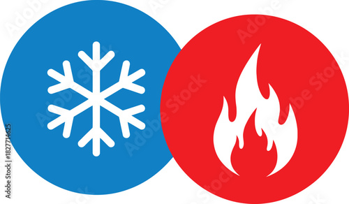 Hot and Cold with Fire Flame and Snowflake in Circle Icons