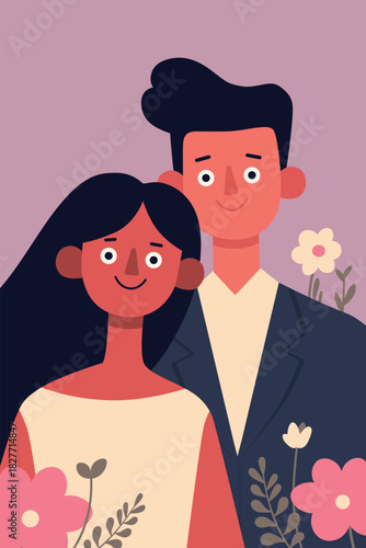 Romantic Couple Portrait – Cute Flat Vector Illustration