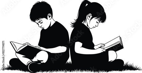 Children reading books silhouette, back-to-back pose, peaceful learning, literacy concept, black vector art, education, outdoor study illustration
