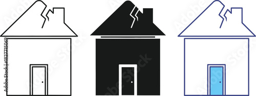 Isolated House Line Icon Set with Cracked Roofs on a Transparent Background