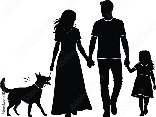 Family walking with dog silhouette, holding hands, outdoor bond, black vector art, love, unity, pet-friendly lifestyle illustration