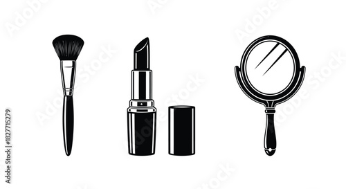 Chic makeup essentials: a black brush, lipstick, and hand mirror on a white background.