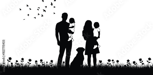 Family with children and dog silhouette, outdoor nature scene, black vector art, birds flying, love, unity, peaceful lifestyle illustration