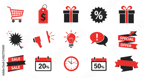 Retail Icon Set: A collection of various icons related to sales and retail. The set includes a shopping cart, gift box, percentage sign, price tag, light bulb, speech bubble, and ribbon. 