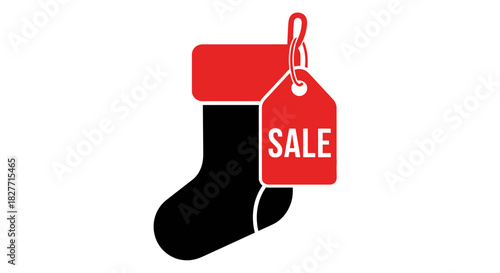 Festive Sale: A minimalist, high-contrast illustration featuring a Christmas stocking adorned with a vibrant SALE tag, inviting shoppers to embrace the season of deals. 