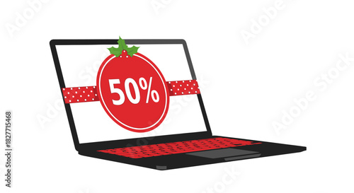Digital Deal: A laptop screen displays a tempting 50% off promotion, set against a red circular design with a leaf. A visual embodiment of savings and digital marketing