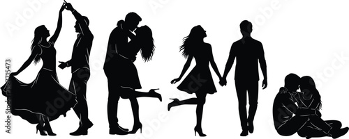Romantic couple silhouette poses, dancing, kissing, walking, sitting, love moments, black vector art, relationship concept, passion illustration