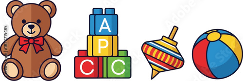 Collection of colorful children's toys including a teddy bear, building blocks, a spinning top, and a beach ball