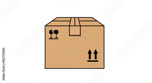 Cardboard shipping box with fragile and this side up symbols