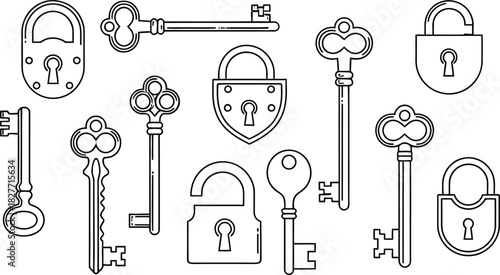 Collection of vintage keys and padlocks, symbolizing security and access in a simple line art style.