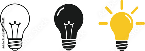 Light Bulb Icons Set Outline, Silhouette, Yellow Light Emitting on White Background