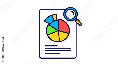 Magnifying glass examines colorful pie chart on document, symbolizing data analysis and research.