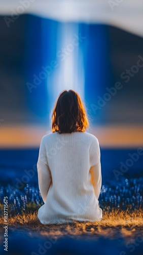Woman sitting on grass at dusk — uplight glow, rear view, wildflowers