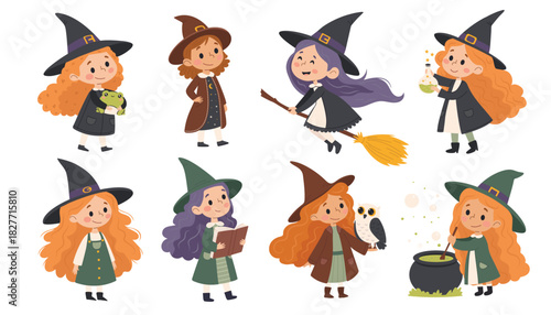 Cute Little Witch Cartoon Character Collection. Witch, broomstick, cauldron, potion, owl, frog. Children's vector illustration on a white background.