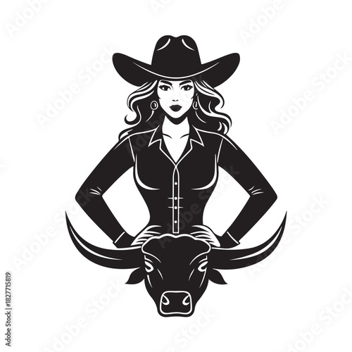 Pin-up woman bull cowgirl in full rodeo action, Silhouette vector black color white background (2).eps