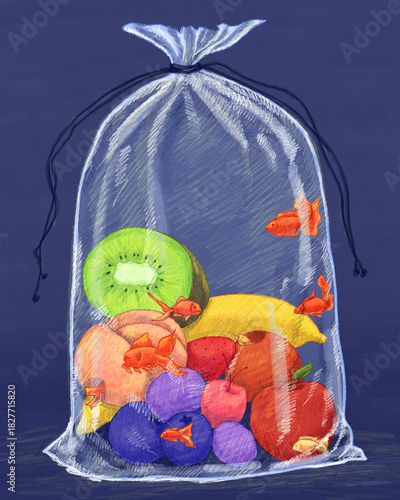 a plastic shopbag contain fruits as aquarium which fishes swim all over the inside illustration. a hand painted digital art scenery.