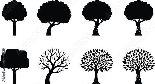 Tree silhouette set, diverse canopy and trunk styles, black vector art, nature concept, botanical structure, organic design illustration