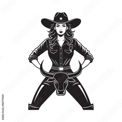 Pin-up woman bull cowgirl in full rodeo action, Silhouette vector black color white background (3).eps