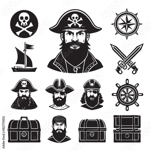 Pirate Adventure Icons, A comprehensive set of black silhouette vector icons featuring pirate characters, flags, treasure, weapons, and nautical elements (2).eps