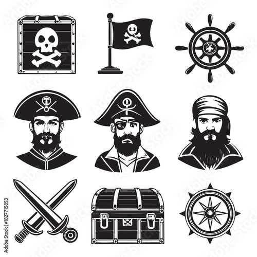 Pirate Adventure Icons, A comprehensive set of black silhouette vector icons featuring pirate characters, flags, treasure, weapons, and nautical elements (3).eps