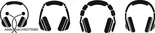 Line art illustrations of various black headphone models on white background
