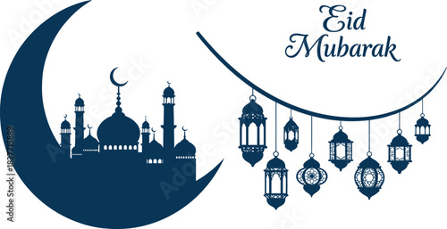 Eid Mubarak Islamic Design with Crescent Moon, Mosque and Decorative Lanterns