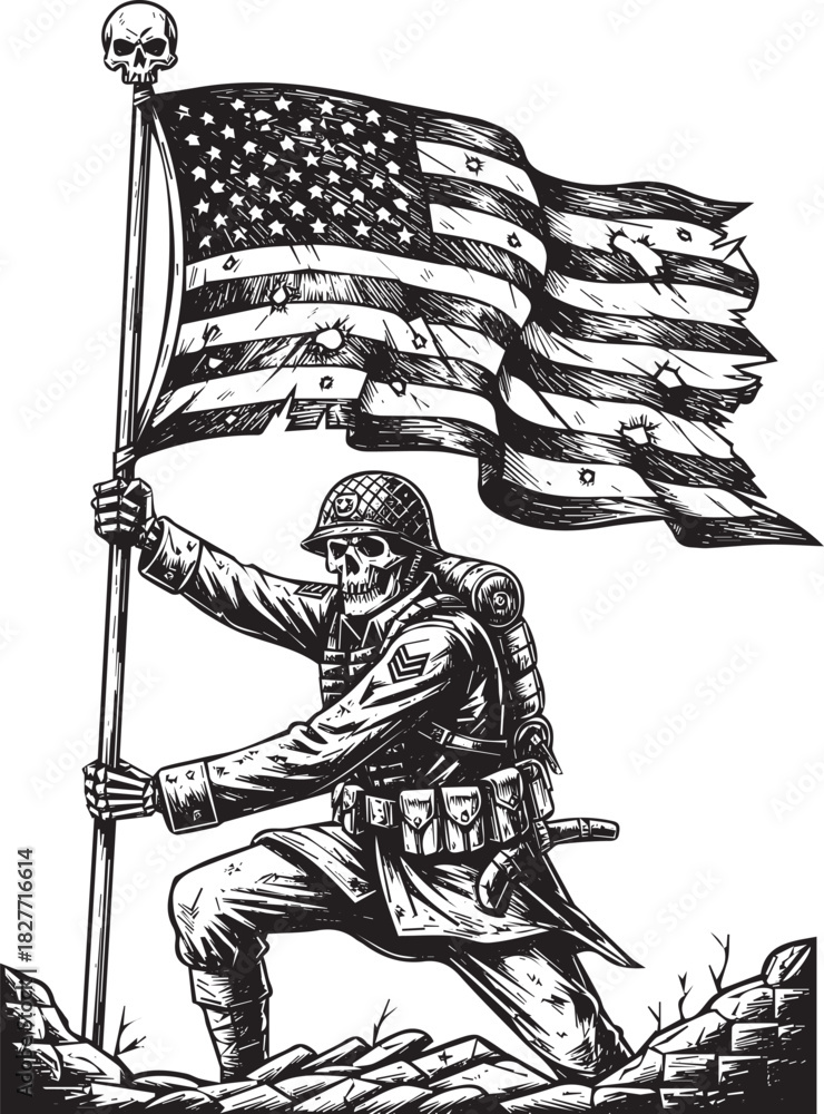 Obraz premium Undead Soldier Holding American Flag in Battlefield Black and White Patriotic Illustration of Courage and Sacrifice