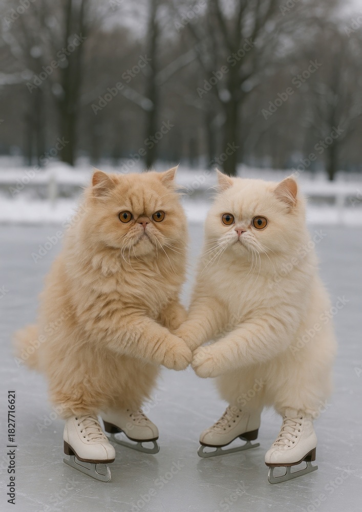 Obraz premium Cats ice skating together outdoors.