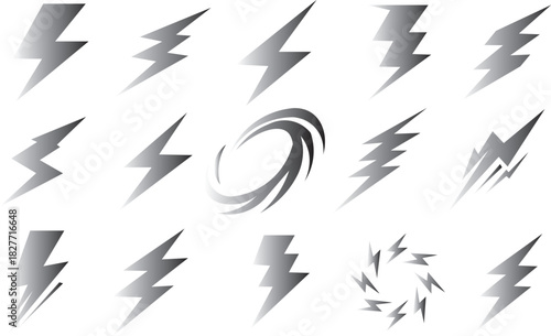 Lightning bolt icon. Flash symbol, thunderbolt, blitz lightnings strike sign.  Collection of lightning bolt icons in various style