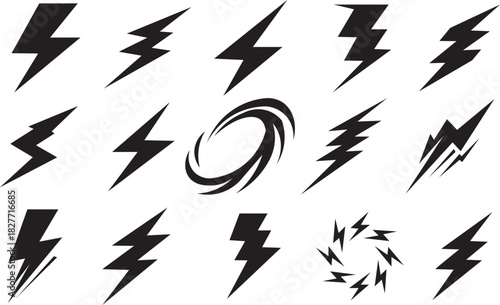 Lightning bolt icon. Flash symbol, thunderbolt, blitz lightnings strike sign.  Collection of lightning bolt icons in various style