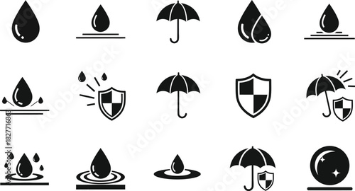 Protection Symbol Icons Set, Umbrella Protection, Water Drop Resistant, Shield Safety