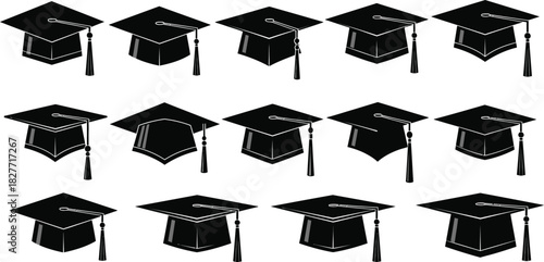 Seamless Pattern of Black Graduation Caps with Tassels on a Transparent Background