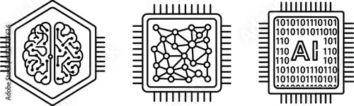 Set of Three Line Art Style Microchips Designs with Brain, AI, Networks Symbols