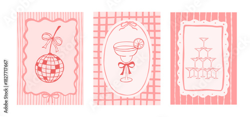 Coquette pyramid of champagne glasses, cherry disco ball and cocktail in pink vector frame with whimsical hand drawn pattern for bride party invitation and design