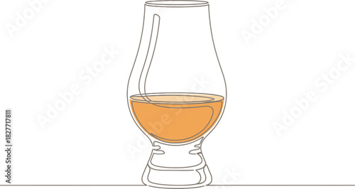 Single Continuous Line Drawing of Scotch Glass with Amber Liquid on White