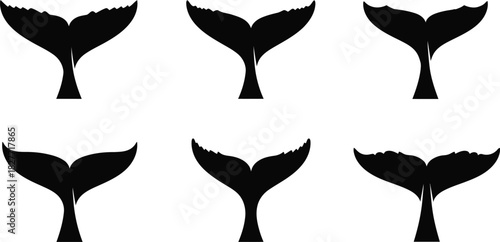 Six Black Whale Tails Silhouettes Diverse Designs Isolated on a Transparent Background