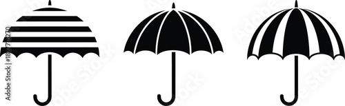 Three Black Umbrellas, Striped Design, Elegant Curves, Protection Icons, Transparent