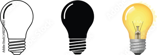 Three Light Bulbs Outline, Silhouette, Glowing Yellow White Background