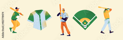 Baseball player characters and equipment set. Retro textured flat vector illustration collection. Batters, jersey, uniform, field. American team sport competition concept. 