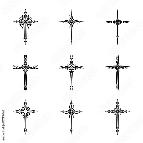 Christian cross vector icon symbols.  Abstract christian religious belief or faith art illustration for orthodox or catholic design. The symbol of the cross in various designs used in tattoo.