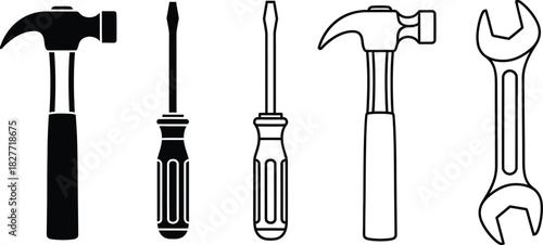 Tools Hammer, Screwdriver, Wrench Icons Black Filled & Outline on Transparent BG
