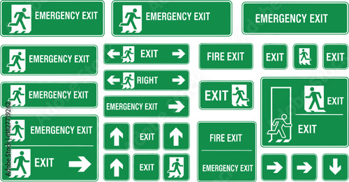 Various Green Emergency Exit Signs with Directional Arrows and Symbol on White