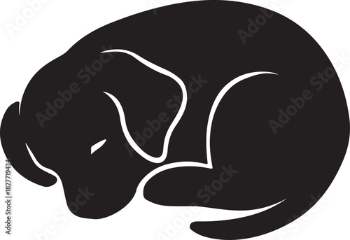 A peacefully sleeping black dog curled up in a relaxed position