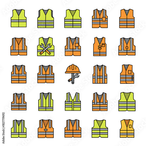 High-visibility safety vests collection set on white background, construction workwear icons