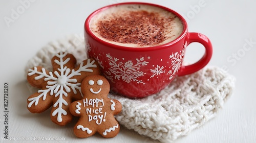 Bright red coffee with cookies with Christmas card isolated on the white background 