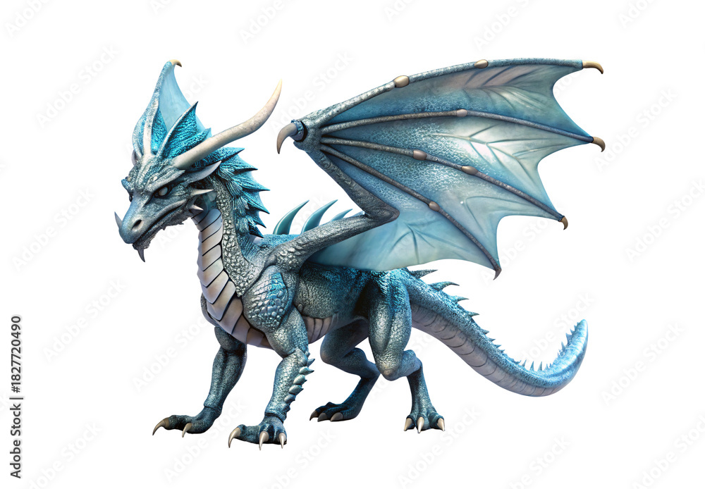 Naklejka premium Blue ice dragon, detailed scales, membranous wings, fantasy creature design, isolated on a transparent background